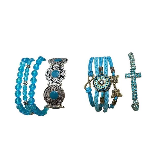 Lot of 4 Mixed Stretch And Beaded Bracelets Blue Silver-tone Multi Design Bundle - Picture 5 of 9